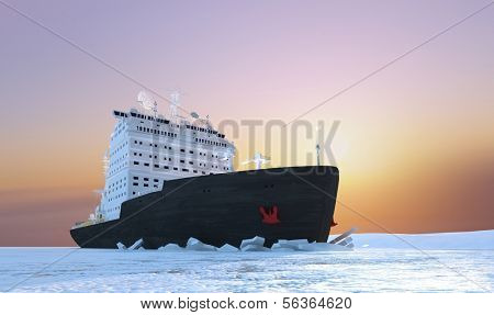 Icebreaker ship on the ice in the sea.
