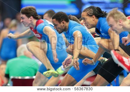 GOTHENBURG, SWEDEN - MARCH 1 Paolo Dal Molin (Italy) 2nd places 2nd in the men's 60m hurdles finals during the European Athletics Indoor Championship on March 1, 2013 in Gothenburg, Sweden.