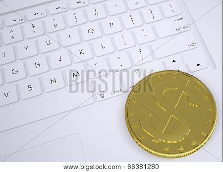 Gold dollar coin on the keyboard