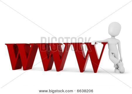 hombre 3D de pie cerca del símbolo de la world wide web