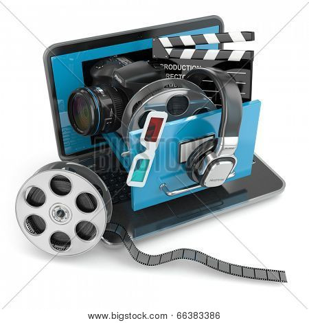Multimedia concept. Laptop, camera , headphones and video attributes. 3d