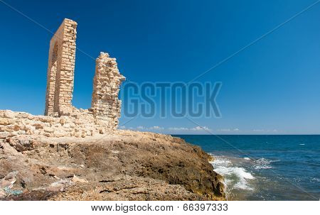 Ruins of ancient Fatimid fortifications from the 10th century by the sea in Mahdia, Tunisia