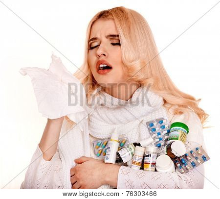 Sniffle woman with handkerchief having  cold. Isolated.