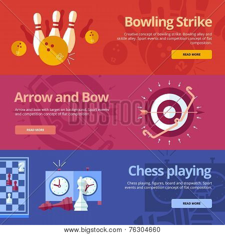 Set of flat design concepts for bowling strike, arrow and bow, chess playing. Concepts for web banne