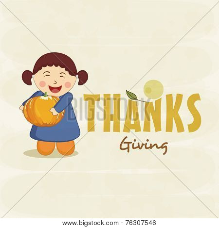 Little cute smiling girl holding pumpkin for Thanksgiving day celebraiton on beige background, can be use as poster, banner or flyer.