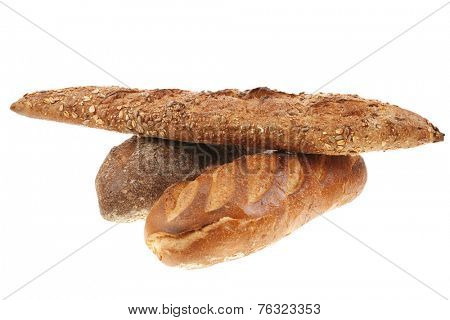 different rye and white flour bread loaf with french baguette isolated on white background