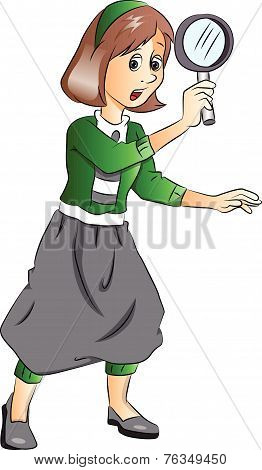 Vector Of Woman Holding Magnifying Glass.