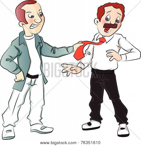 Vector Of Angry Man Pulling Businessman's Tie.