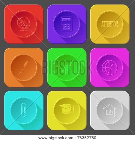 globe and clock, calculator, attention, ink pen, glue bottle, pencil, graduation cap, library. Color set vector icons.