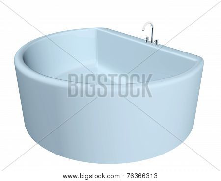 White semi-circular modern bathtub with stainless steel fixtures