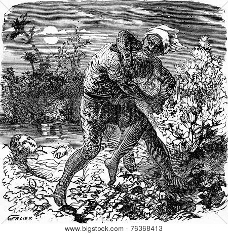 The Dramas Of India. The Fight Lasted A Few Minutes, Vintage Engraving.