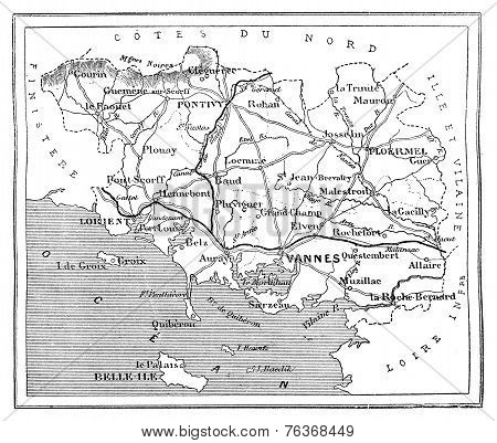Map Of The Department Of Morbihan, Vintage Engraving.