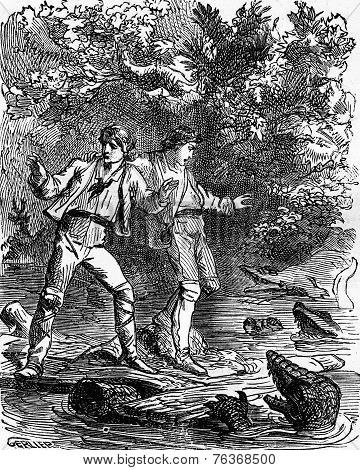 Dramas Of India. Ah! My God, Caimans!, Vintage Engraving.
