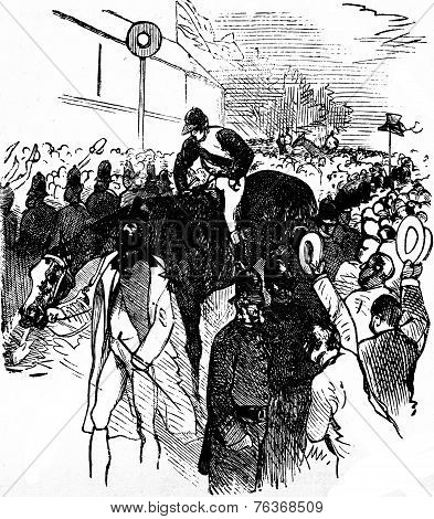 Derby. Return To Weighing Derby Winner, Vintage Engraving.