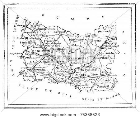 Map Of The Department Of Oise, Vintage Engraving.