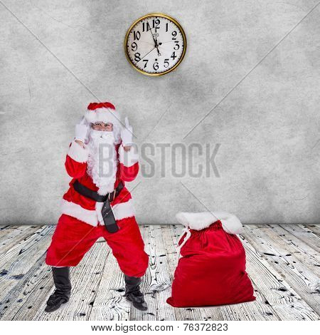 Santa Claus with upraise middlefingers, concept of Christmas hatred.