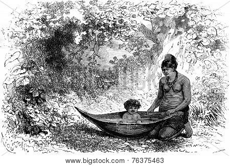 Bath In A Palm Spathe, Vintage Engraving.