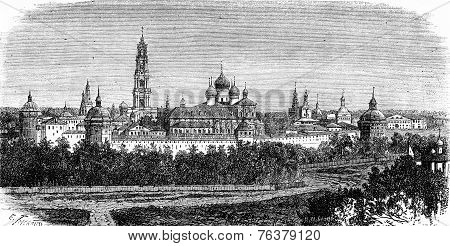 View Of The Convent Of Troitsa, Vintage Engraving