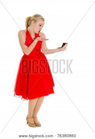 Conceited Girl In Red With Mirror