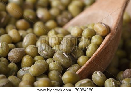 Raw Green Mung Bean In Wooden Spoon Macro