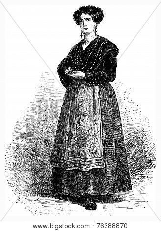 Gallega (galician) In Festive Costume, Vintage Engraving.
