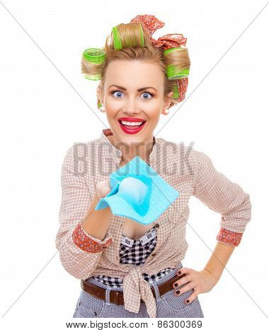 Funny Young Surprised Housewife Holding Rag / Wipe With Foam / Soap Isolated On White. Pin-up Girl