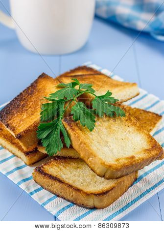 Toasts On Breakfast, Decorated With Parsley, And A Cup Of Coffee