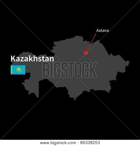 Detailed map of Kazakhstan and capital city Astana with flag on black background