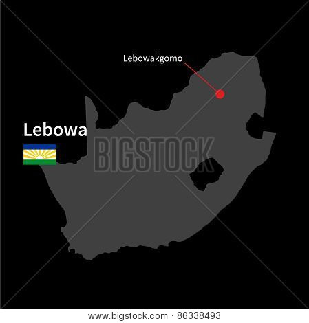 Detailed map of Lebowa and capital city Lebowakgomo with flag on black background