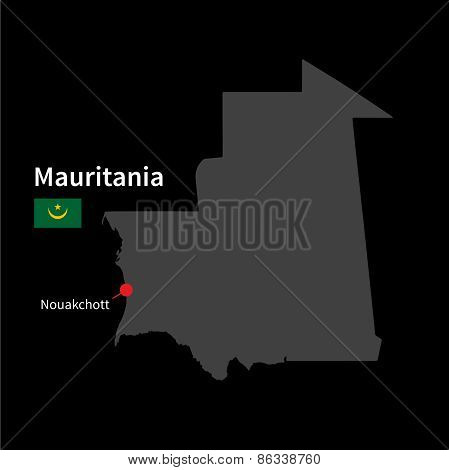 Detailed map of Mauritania and capital city Nouakchott with flag on black background