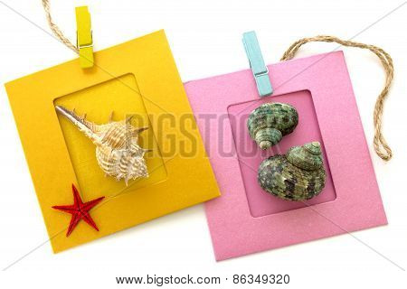 Photo Frame With Seashell Isolated Over White