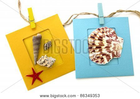 Photo Frame With Seashell Isolated Over White