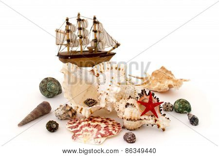 Seashell And Toy Ship Isolated Over White