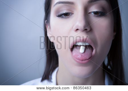 Schizophrenic anxious bipolar mentally ill woman.Pharmaceutical conspiracy concept.Drug addiction