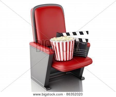 3d Cinema clapper board and popcorn on theater seat.