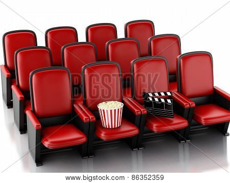 3d Cinema clapper board and popcorn on theater seat.