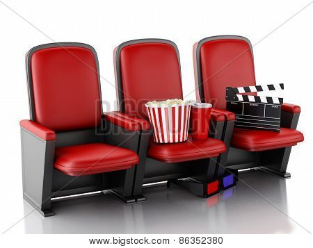 3d Cinema clapper board and popcorn on theater seat.
