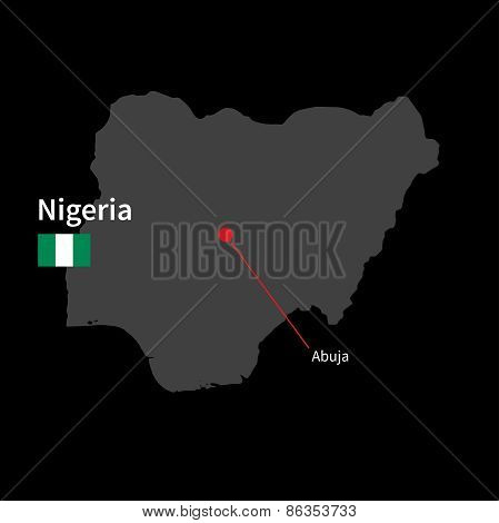 Detailed map of Nigeria and capital city Abuja with flag on black background
