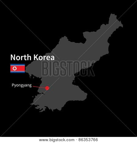 Detailed map of North Korea and capital city Pyongyang with flag on black background