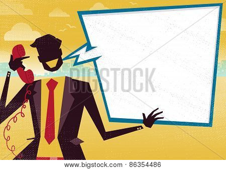 Businessman On Telephone With Large Blank Speech Bubble.