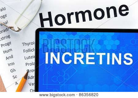 Papers with hormones list and tablet  with word incretins.