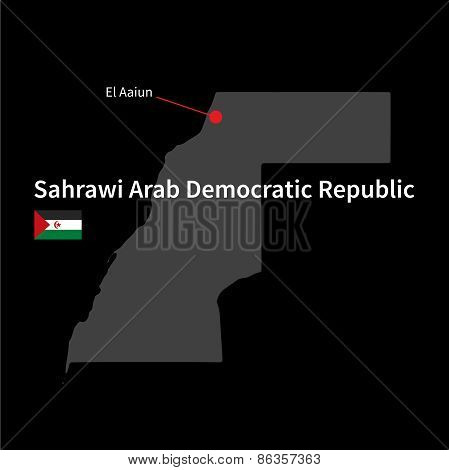 Detailed map of Sahrawi Arab Democratic Republic and capital city El Aaiun with flag on black backgr
