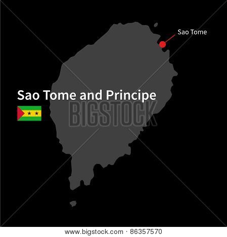 Detailed map of Sao Tome and Principe and capital city Sao Tome with flag on black background