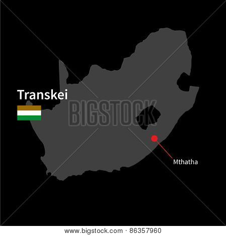 Detailed map of Transkei and capital city Mthatha with flag on black background