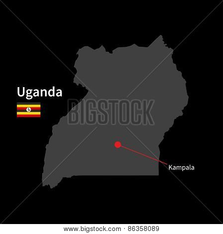 Detailed map of Uganda and capital city Kampala with flag on black background