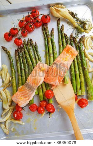 Salmon Fish And Green Aspargus, Cherry Tomatoes And Fennel