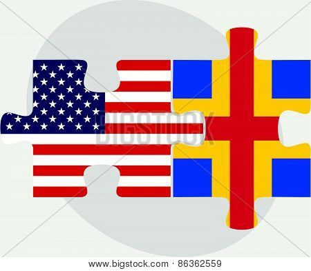 Usa And Aaland Islands Flags In Puzzle