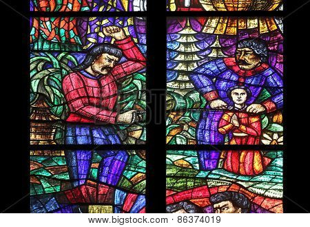 VIENNA, AUSTRIA - OCTOBER 11: Asia window, Stained glass in Votiv Kirche (The Votive Church). It is a neo-Gothic church located on the Ringstrabe in Vienna, Austria on October 11, 2014