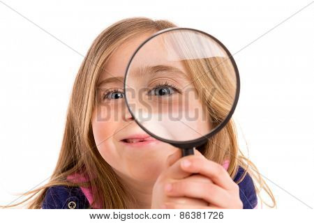 Blond indented girl with eye in magnifying glass funny expression on white background