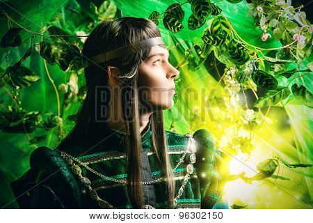 Beautiful male elf in the magic forest. Fantasy. Fairy tale, magic.